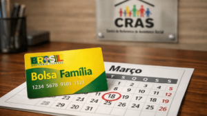 Cartão do Bolsa Família amarelo e verde sobre um calendário de março, com o número 18 circulado em vermelho. Ao fundo, uma placa de vidro com o logo do CRAS (Centro de Referência de Assistência Social) em um escritório. A imagem foca na data importante para o benefício.