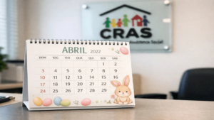 Calendário de abril com referência ao CRAS e período de pagamentos do Bolsa Família