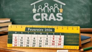 Calendário de fevereiro desenhado em régua escolar sobre carteira com quadro negro ao fundo e símbolo do CRAS