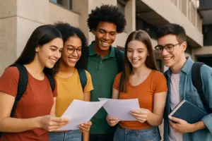 Grupo de jovens sorrindo e apontando para papéis sobre apoio financeiro do Pé-de-Meia