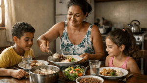 Mãe servindo comida para filhos em casa após receber Bolsa Família