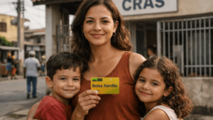 Mãe com filhos segurando cartão do Bolsa Família em frente ao CRAS