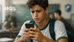 Estudante do ensino médio preocupado consultando benefício Pé-de-Meia no celular